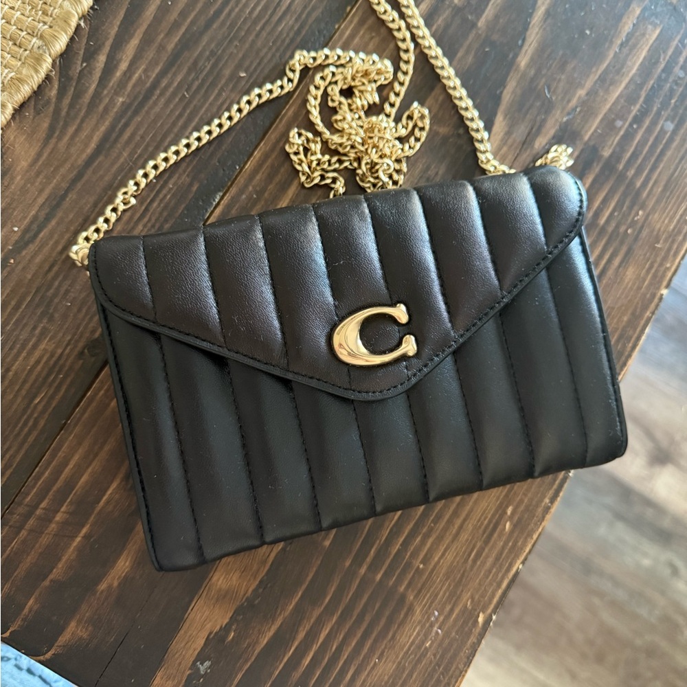Coach Black Quilted Clutch with Gold Chain